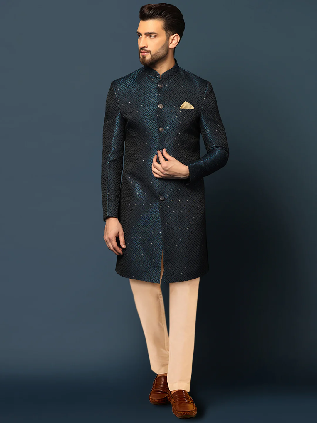 Navy Blue Textured Sherwani Trouser Set