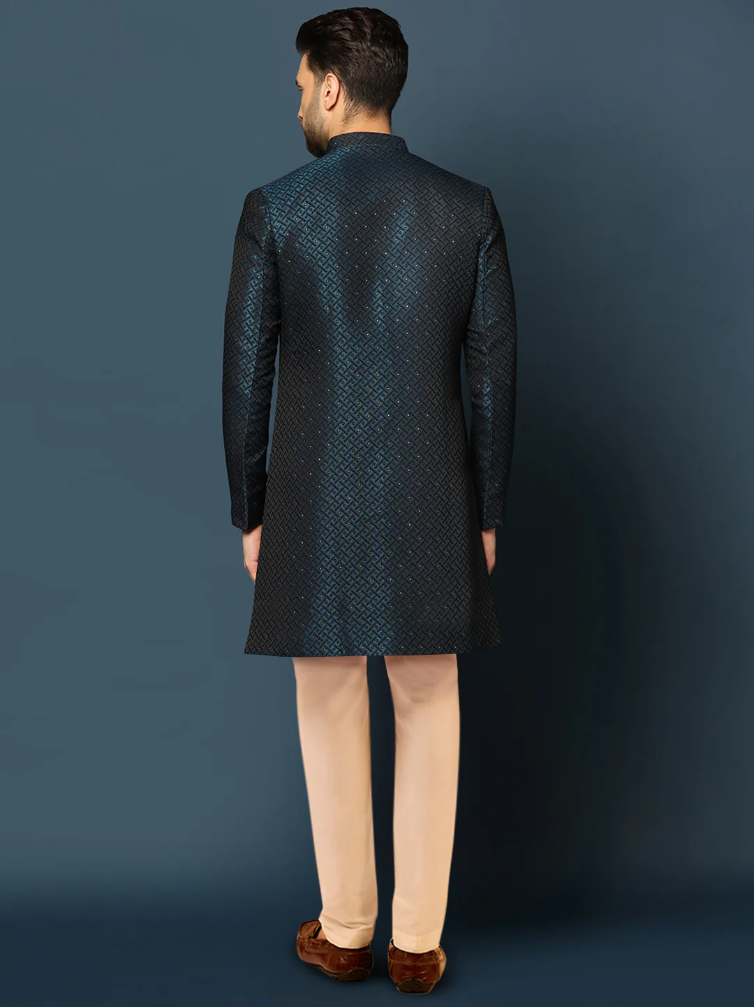 Navy Blue Textured Sherwani Trouser Set - Image 4