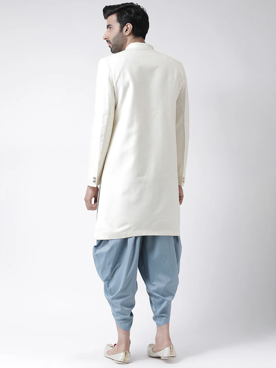 Cream Textured Sherwani with Blue Dhoti - Image 2