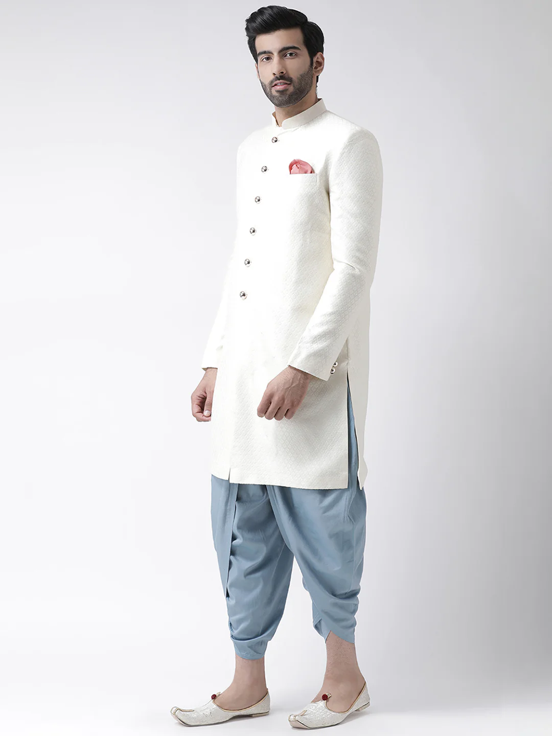 Cream Textured Sherwani with Blue Dhoti - Image 3