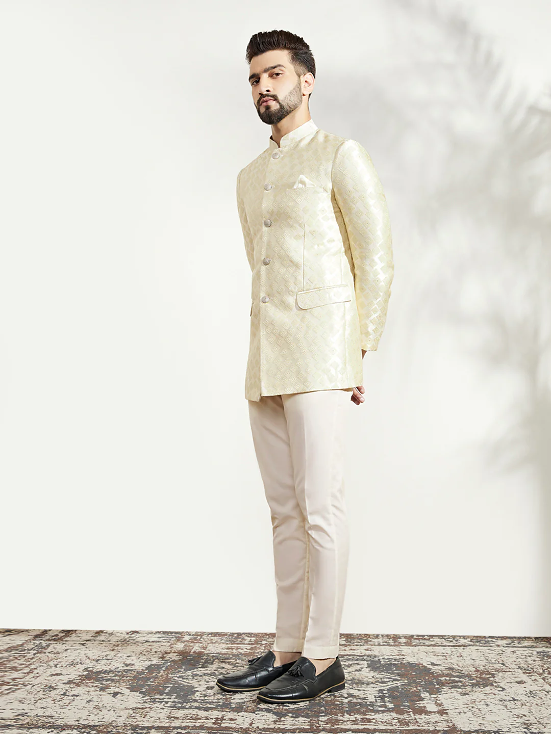 Cream Silk Blend Textured Jodhpuri Bandhgala Set - Image 3