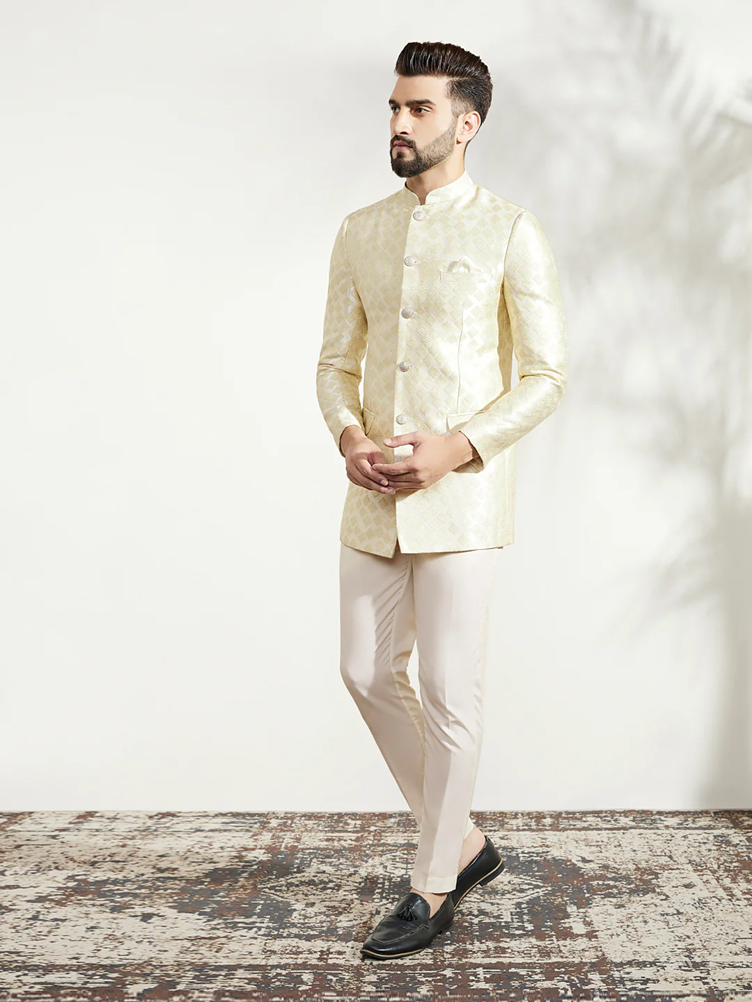 Cream Silk Blend Textured Jodhpuri Bandhgala Set - Image 7