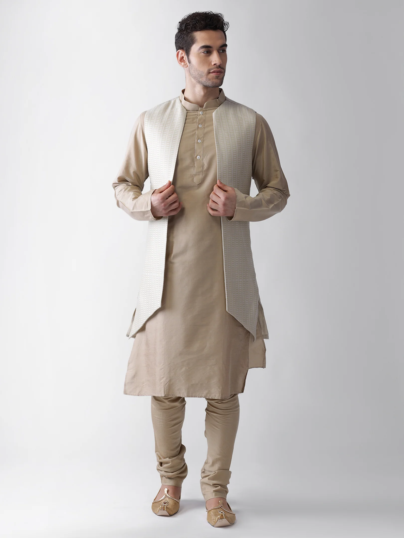 Off-White Jacket Beige Kurta Churidar Set