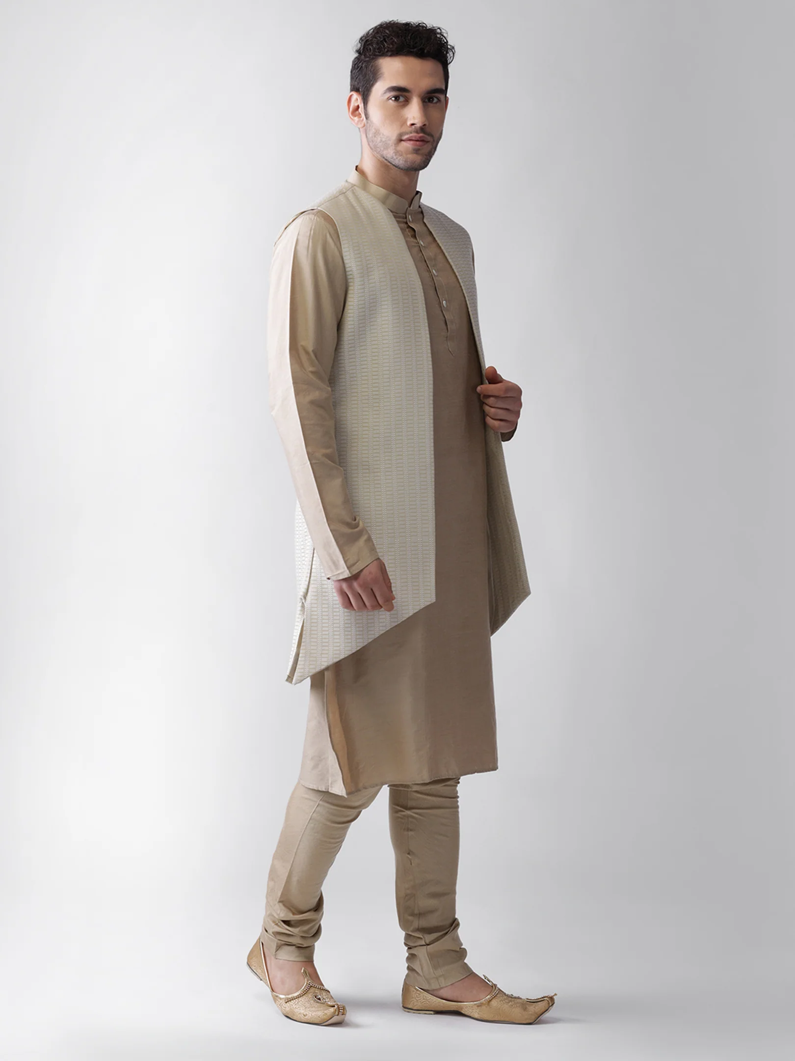 Off-White Jacket Beige Kurta Churidar Set - Image 2