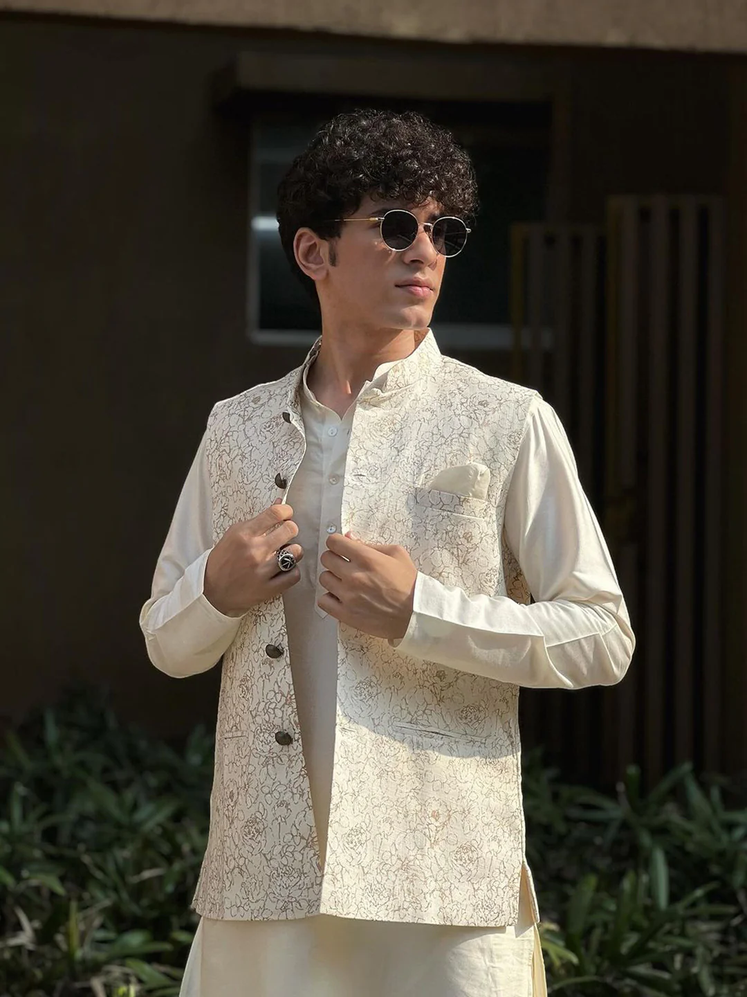 Cream Art Silk Embroidered Nehru Jacket Bundi with Kurta Churidar