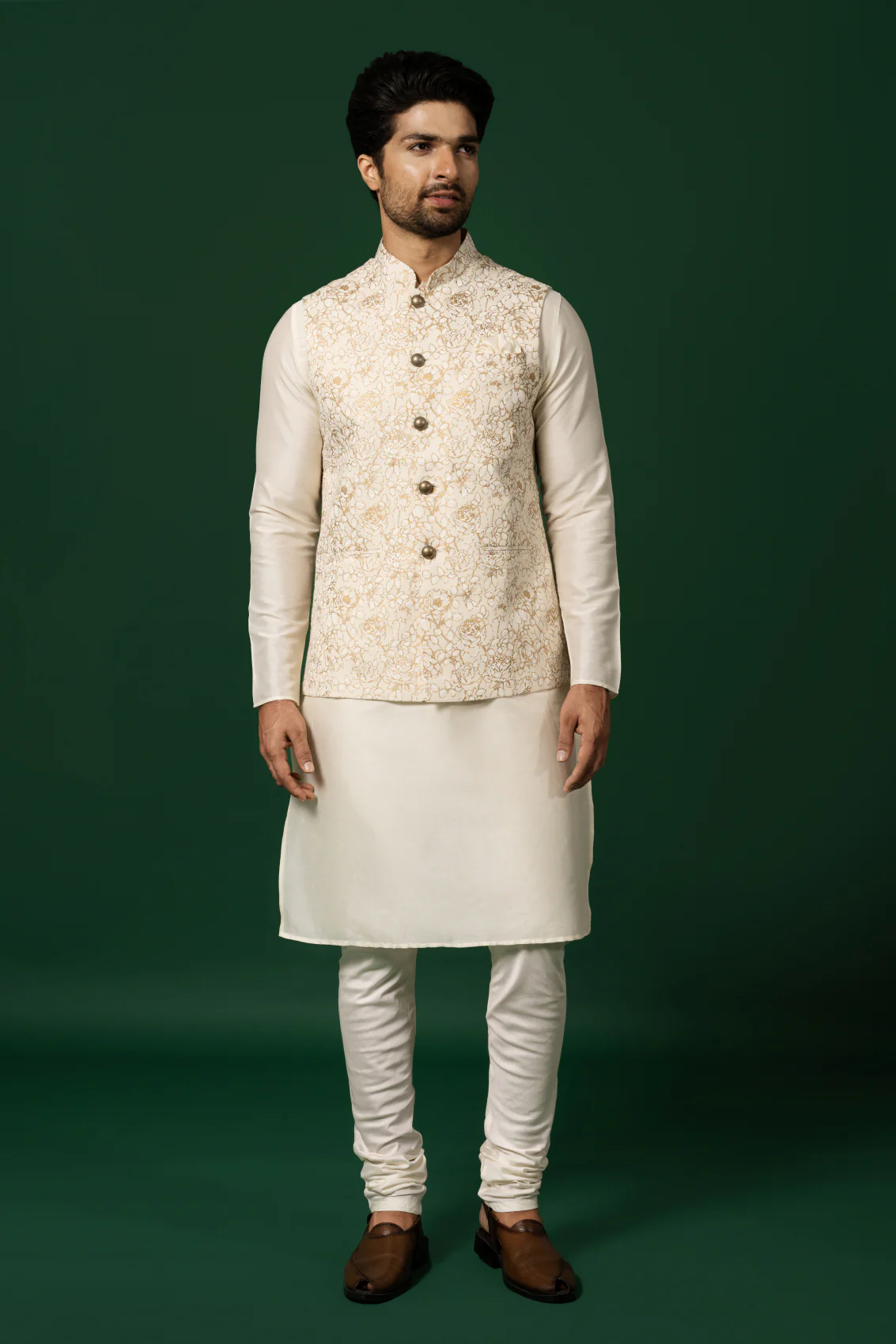 Cream Art Silk Embroidered Nehru Jacket Bundi with Kurta Churidar - Image 2