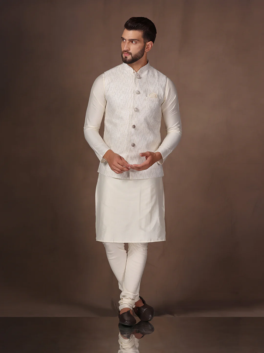 Off White Embellished Nehru Jacket Kurta Set