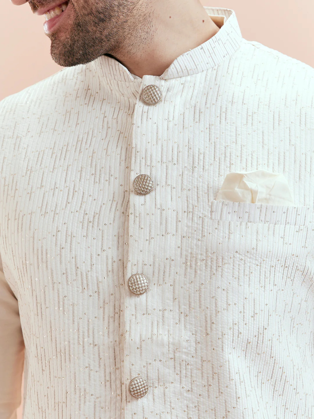 Cream Cotton Silk Textured Nehru Jacket - Image 2