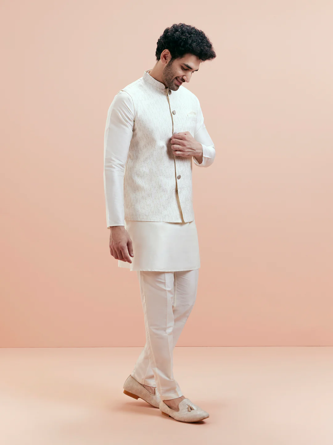 Cream Cotton Silk Textured Nehru Jacket - Image 3