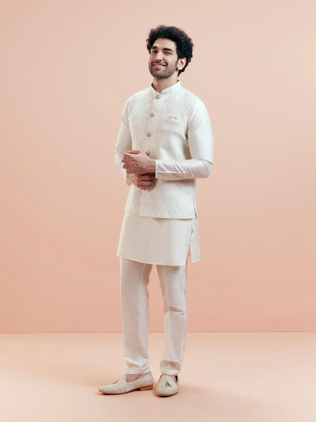 Cream Cotton Silk Textured Nehru Jacket - Image 4