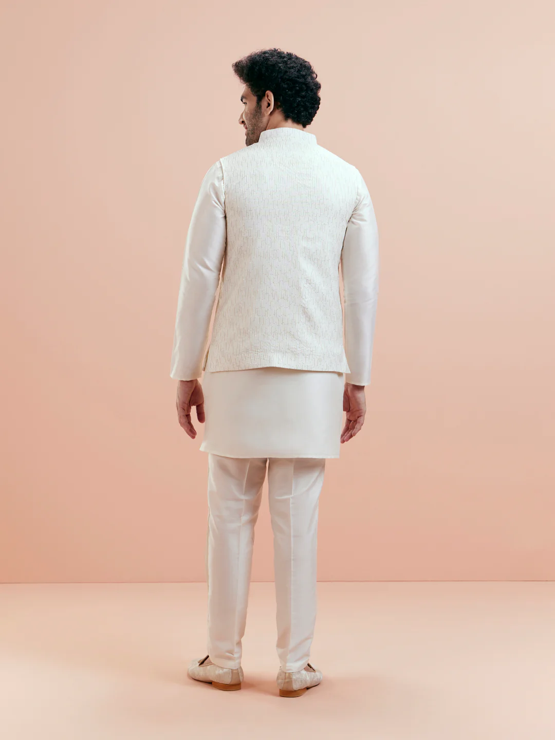 Cream Cotton Silk Textured Nehru Jacket - Image 5