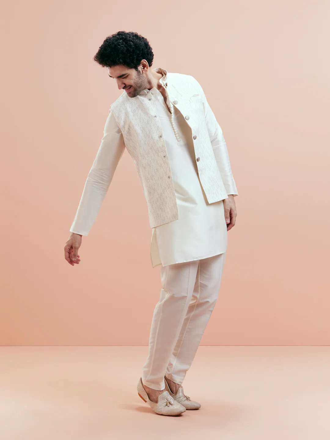 Cream Cotton Silk Textured Nehru Jacket - Image 7