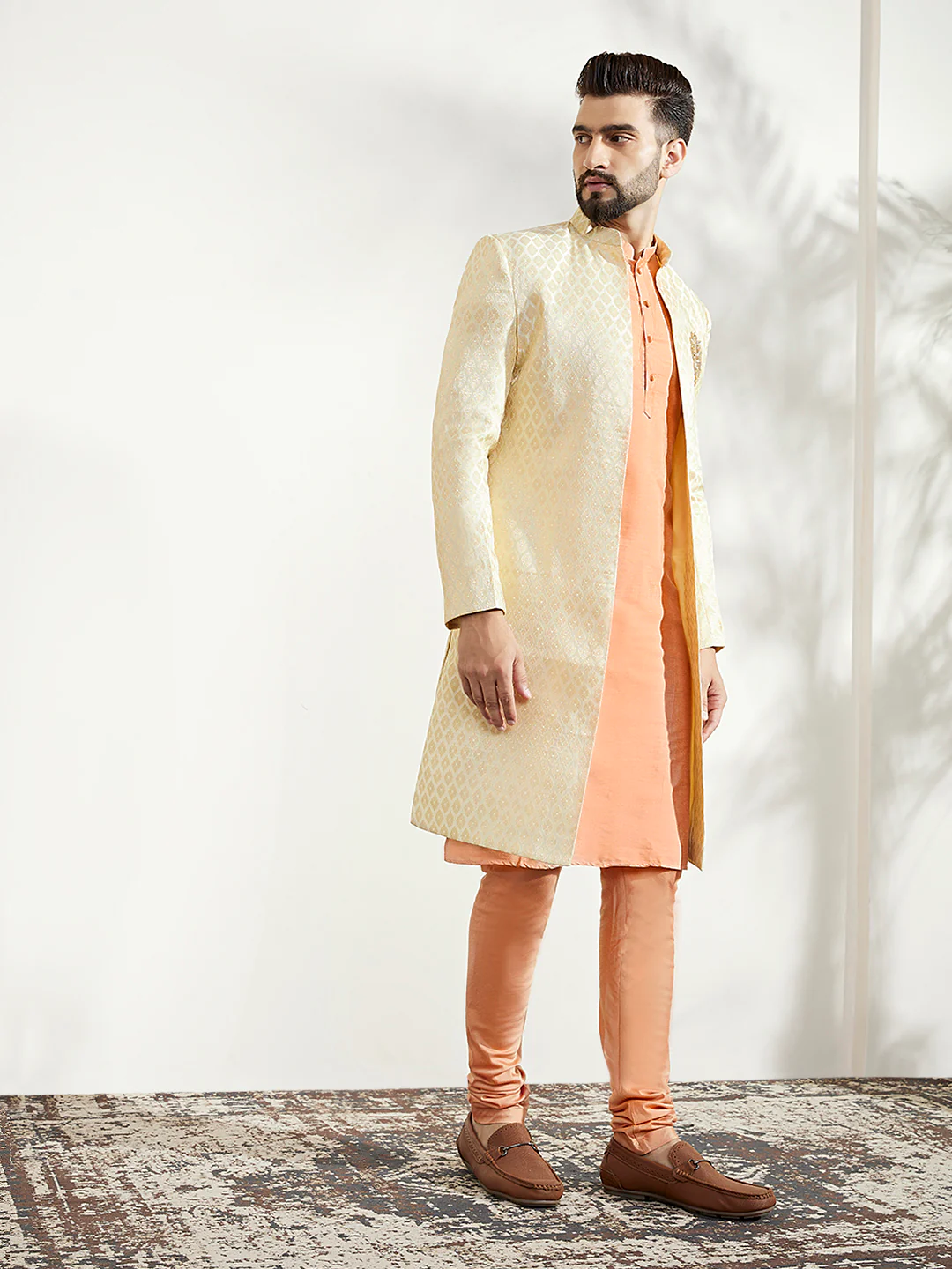 Men's Off White Kurta Indowestern Churidar Set - Image 2