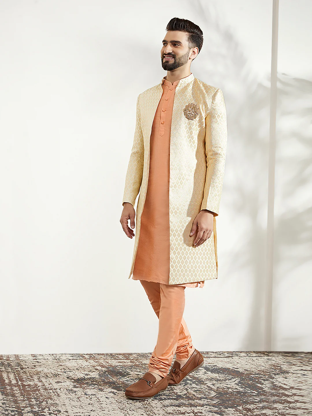 Men's Off White Kurta Indowestern Churidar Set - Image 3