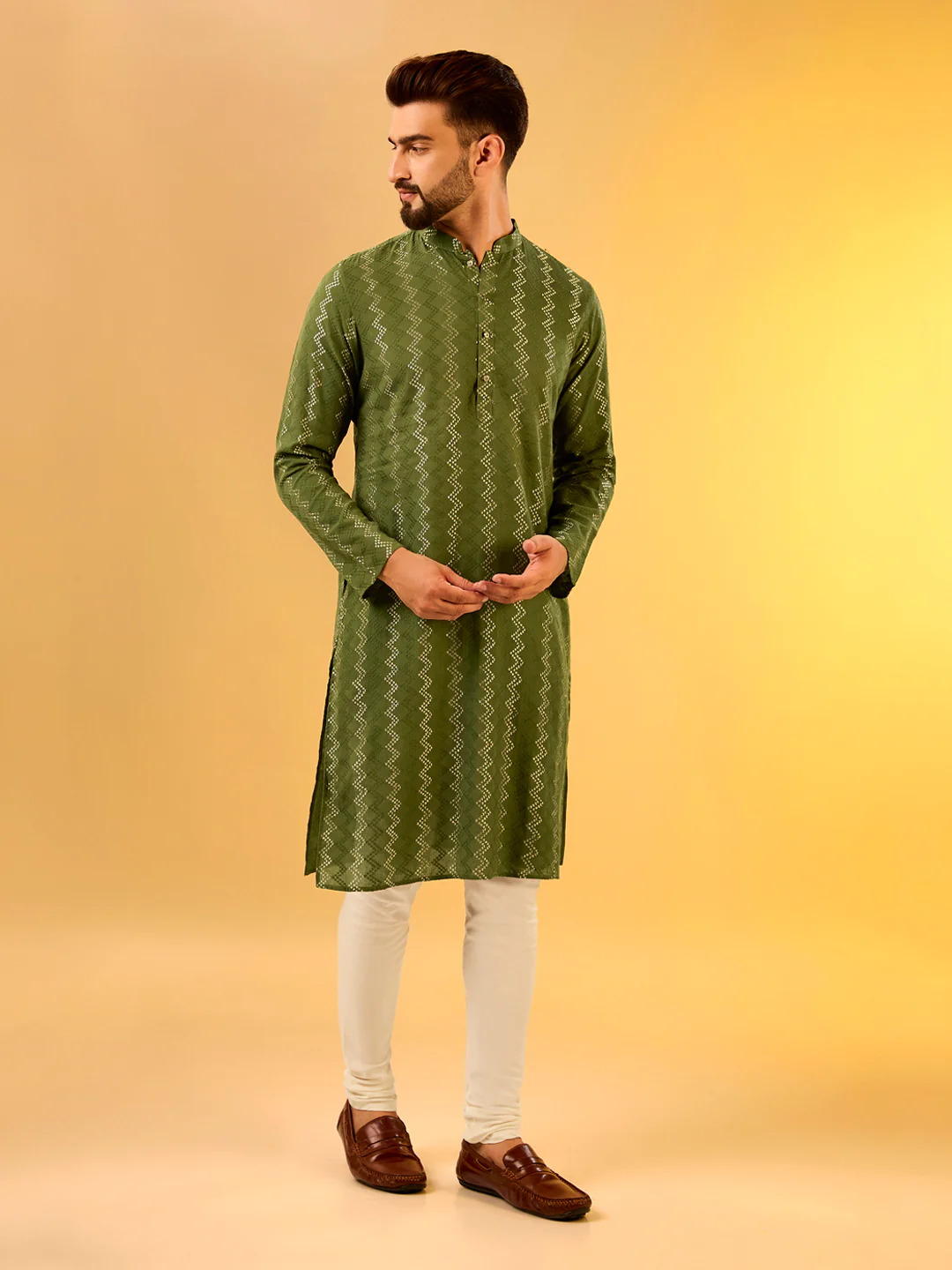 Green Printed Kurta Cream Churidar Set - Image 2
