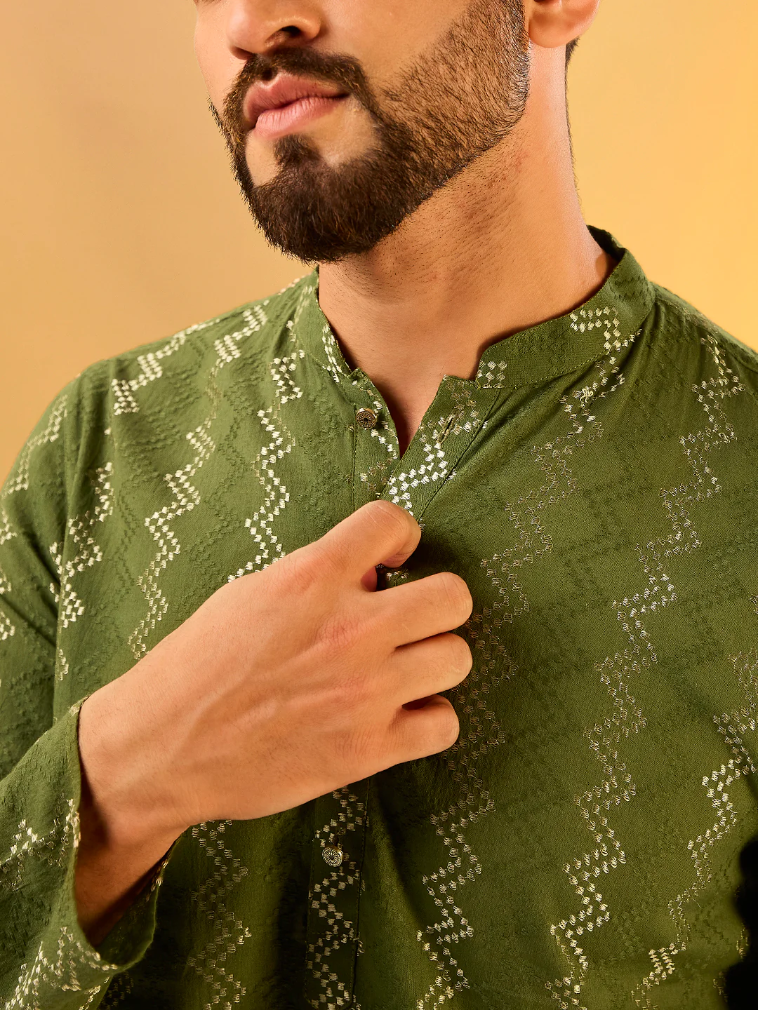 Green Printed Kurta Cream Churidar Set - Image 5