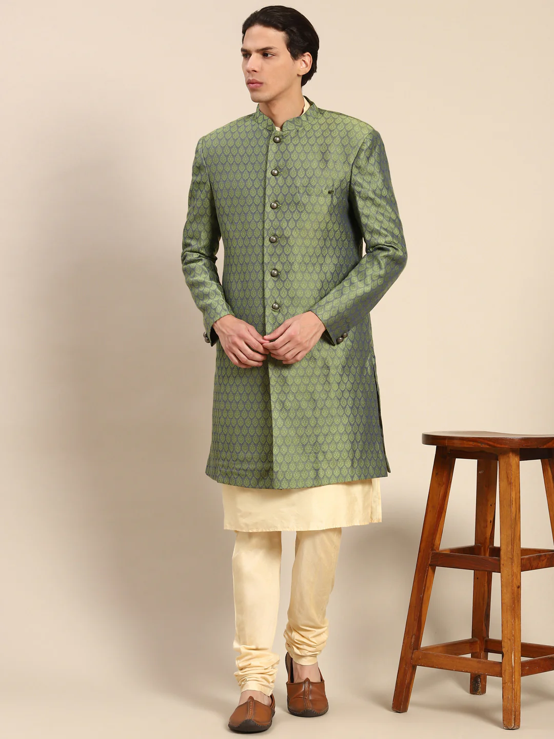 Kisah Men's Olive Kurta Indowestern Churidar Set - Image 7