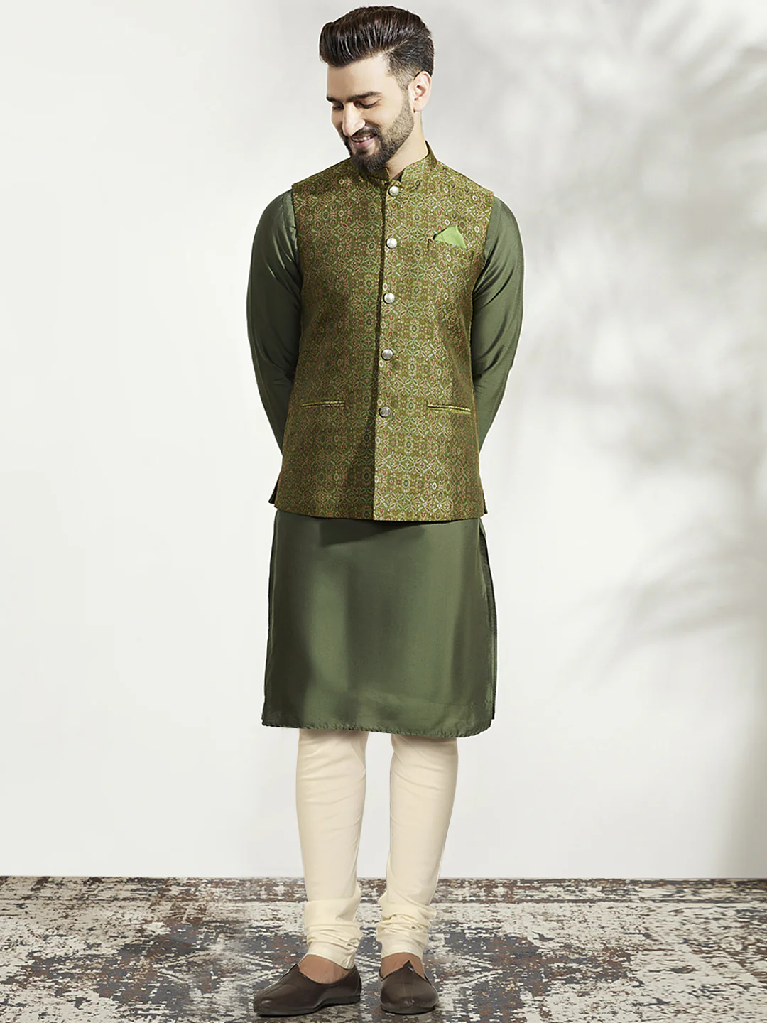 Olive Green Kurta with Jacquard Jacket & Churidar