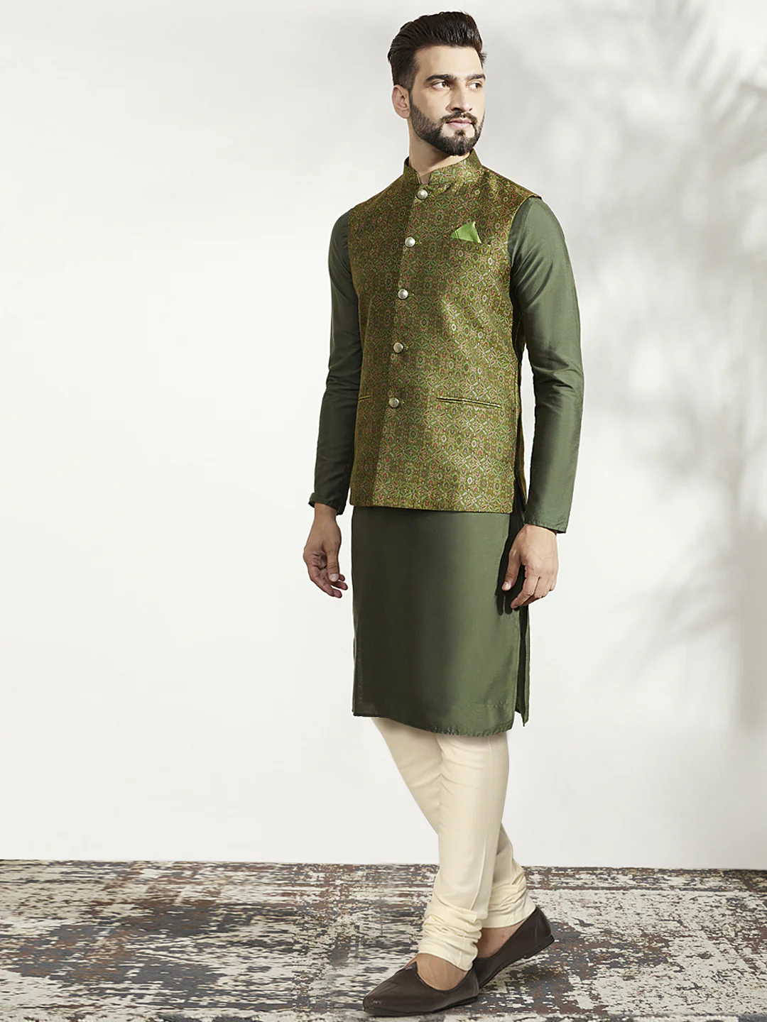 Olive Green Kurta with Jacquard Jacket & Churidar - Image 3