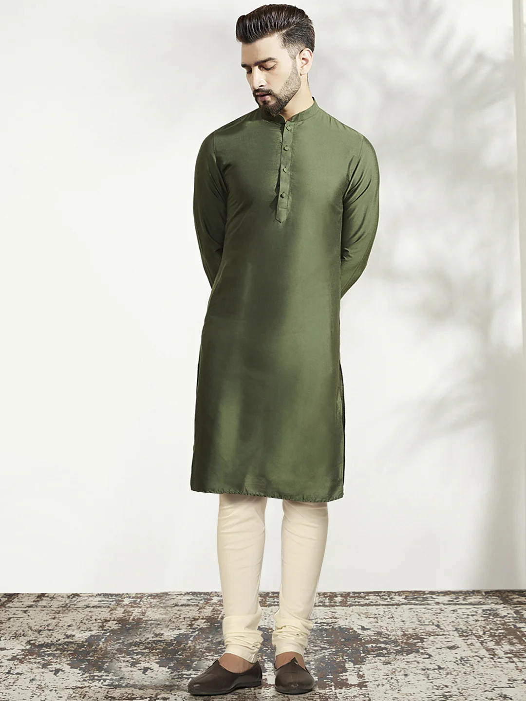 Olive Green Kurta with Jacquard Jacket & Churidar - Image 5