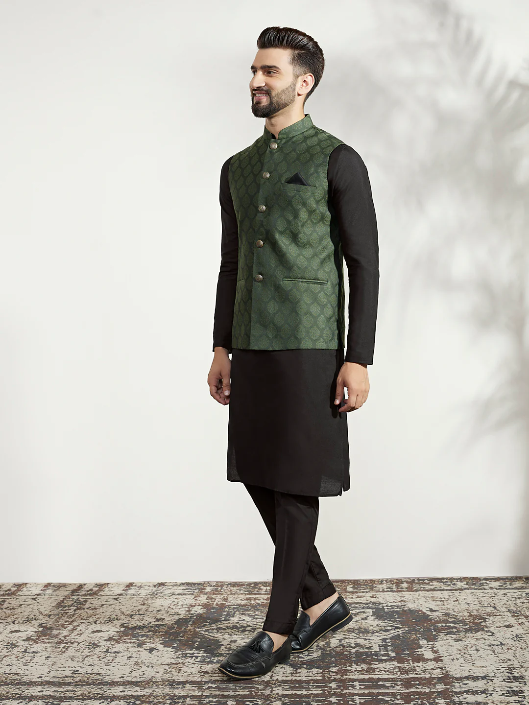 Olive Green Jacket Kurta Trouser Set - Image 3