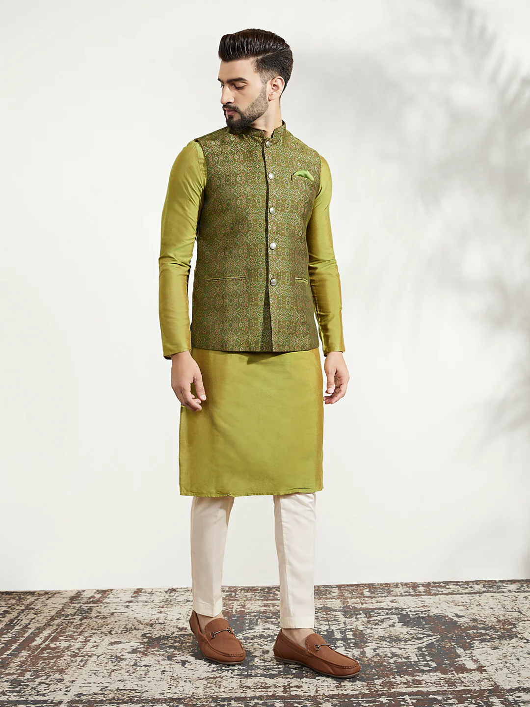 Olive Silk Jacquard Nehru Jacket Kurta Trouser - Image 2