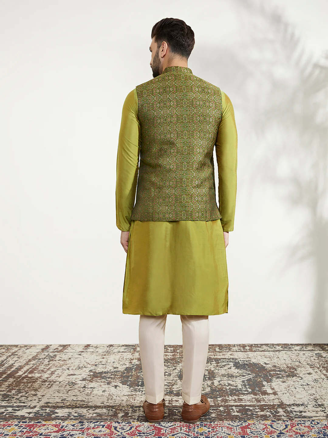 Olive Silk Jacquard Nehru Jacket Kurta Trouser - Image 4