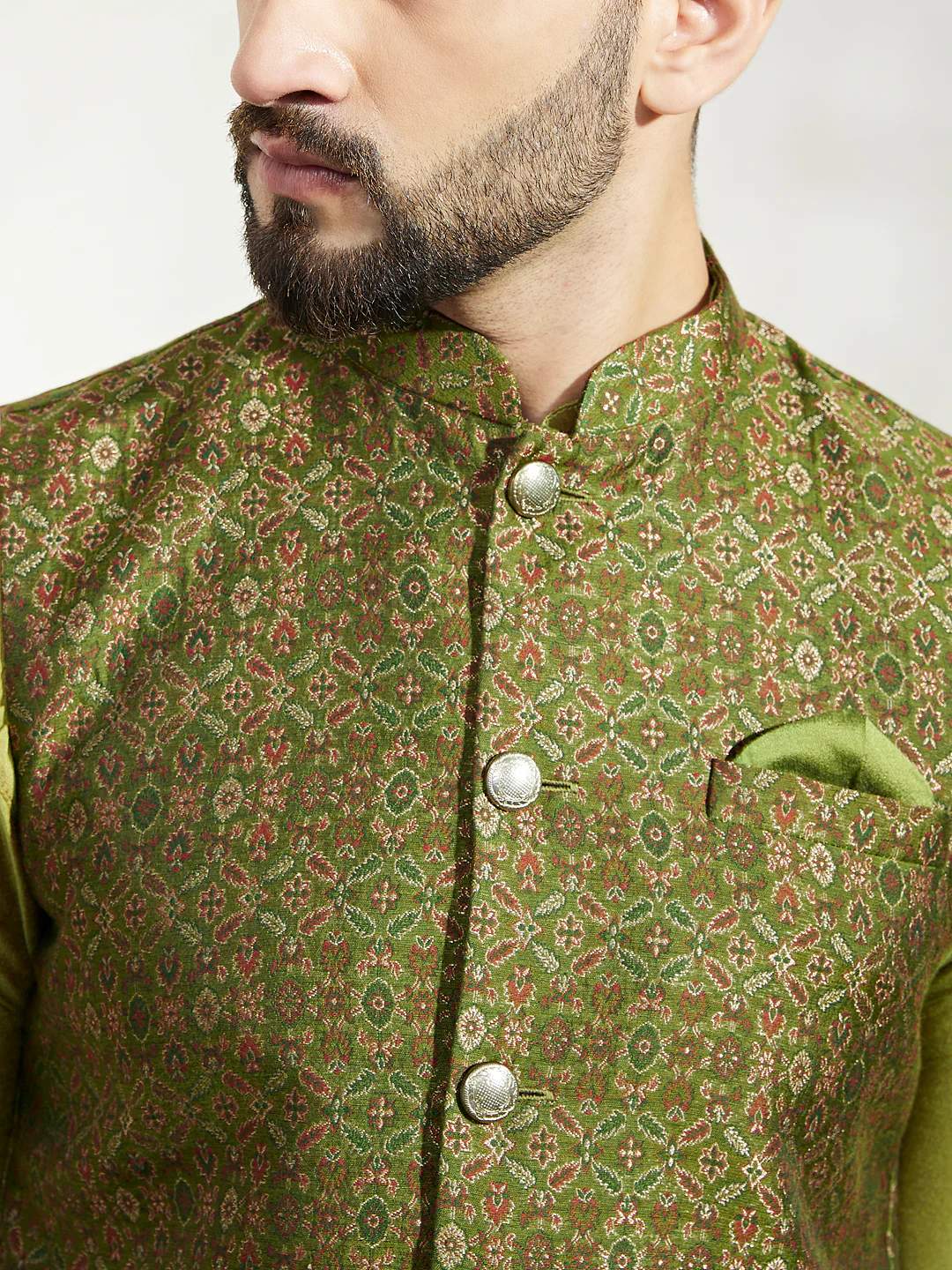Olive Silk Jacquard Nehru Jacket Kurta Trouser - Image 6