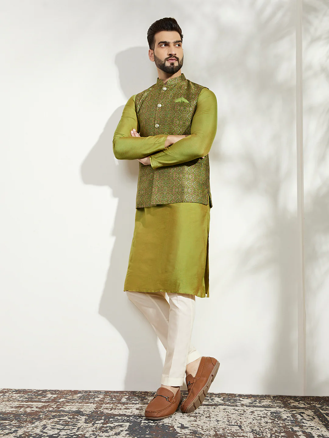 Olive Silk Jacquard Nehru Jacket Kurta Trouser - Image 8