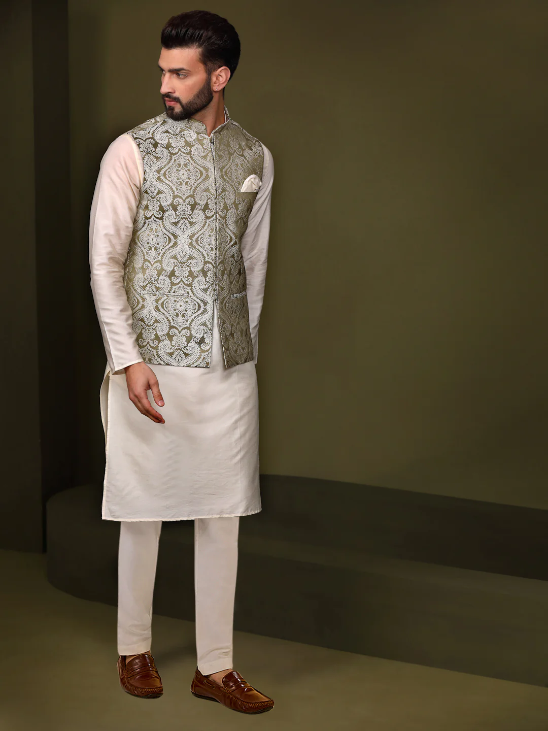 Grey Silk Woven Paisley Nehru Jacket Kurta Set - Image 2