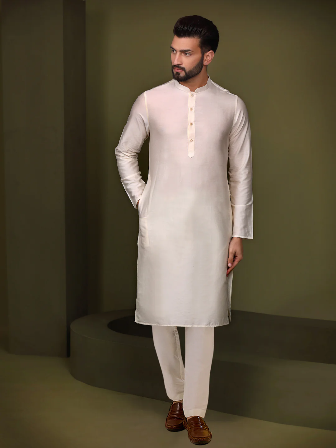 Grey Silk Woven Paisley Nehru Jacket Kurta Set - Image 5