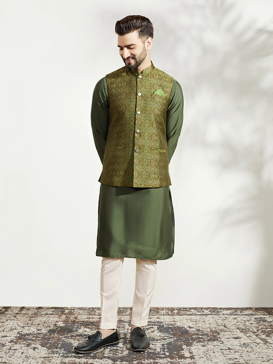 Olive Green Textured Nehru Jacket Kurta Trouser