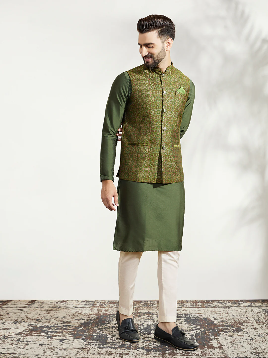 Olive Green Textured Nehru Jacket Kurta Trouser - Image 2
