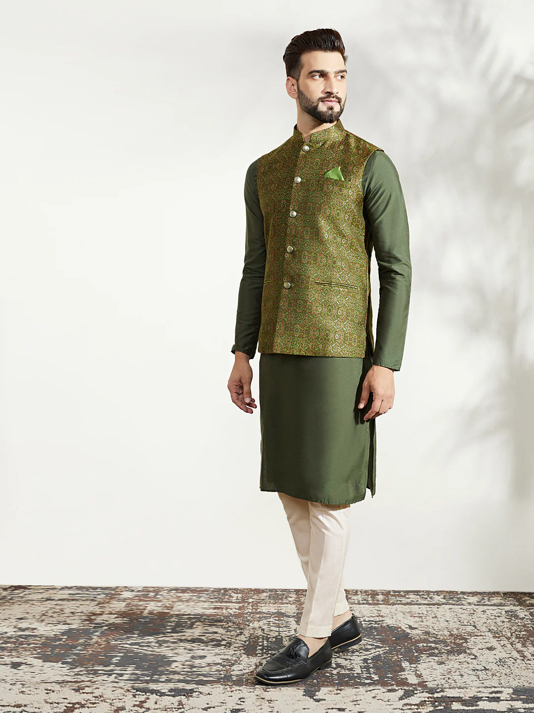 Olive Green Textured Nehru Jacket Kurta Trouser - Image 3