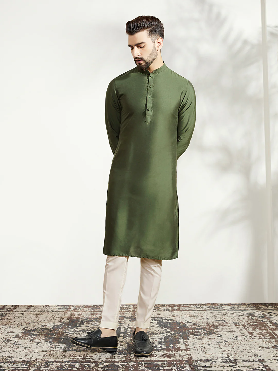Olive Green Textured Nehru Jacket Kurta Trouser - Image 5