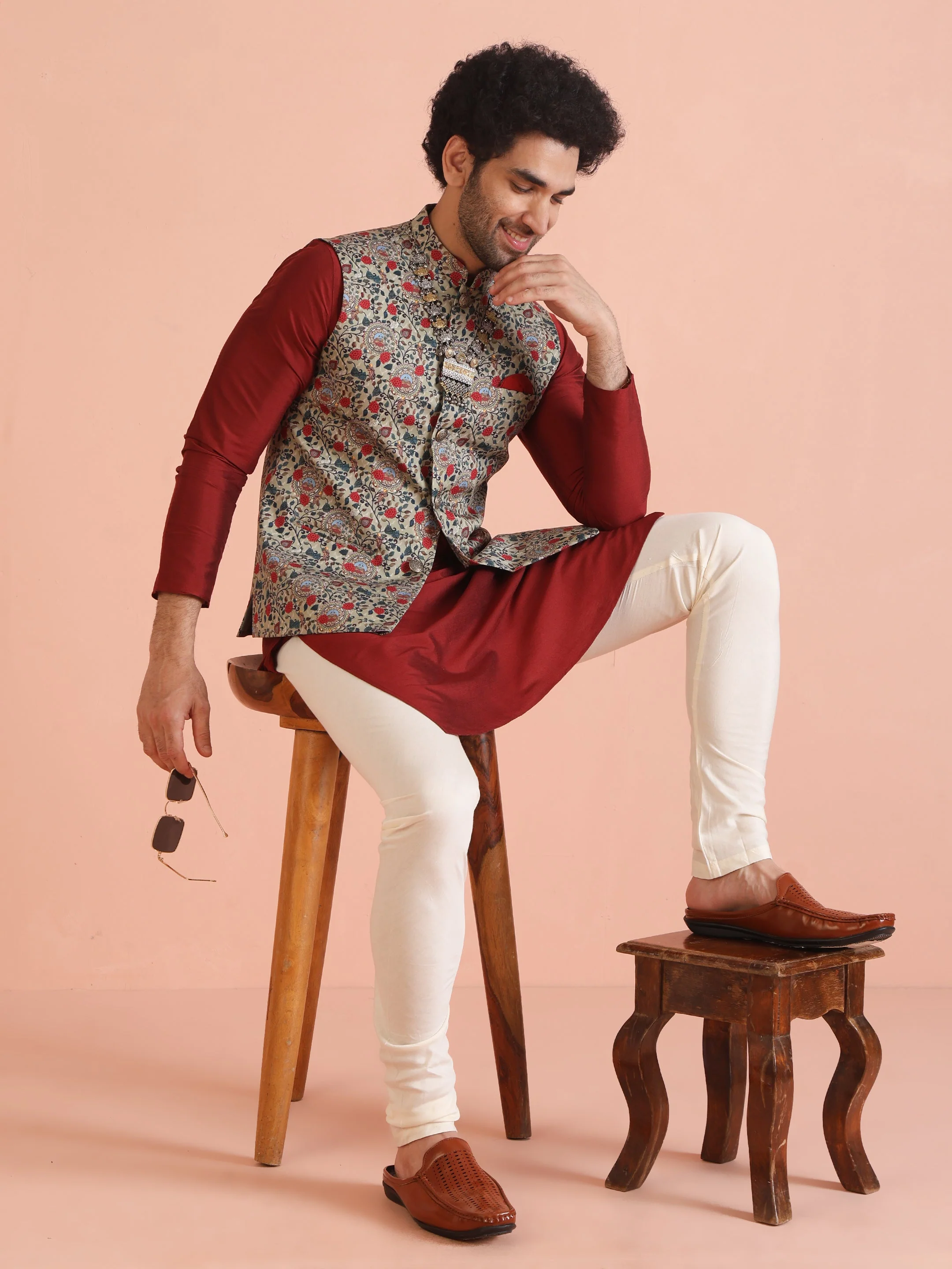 Men Olive Printed Nehru Jacket - Image 16
