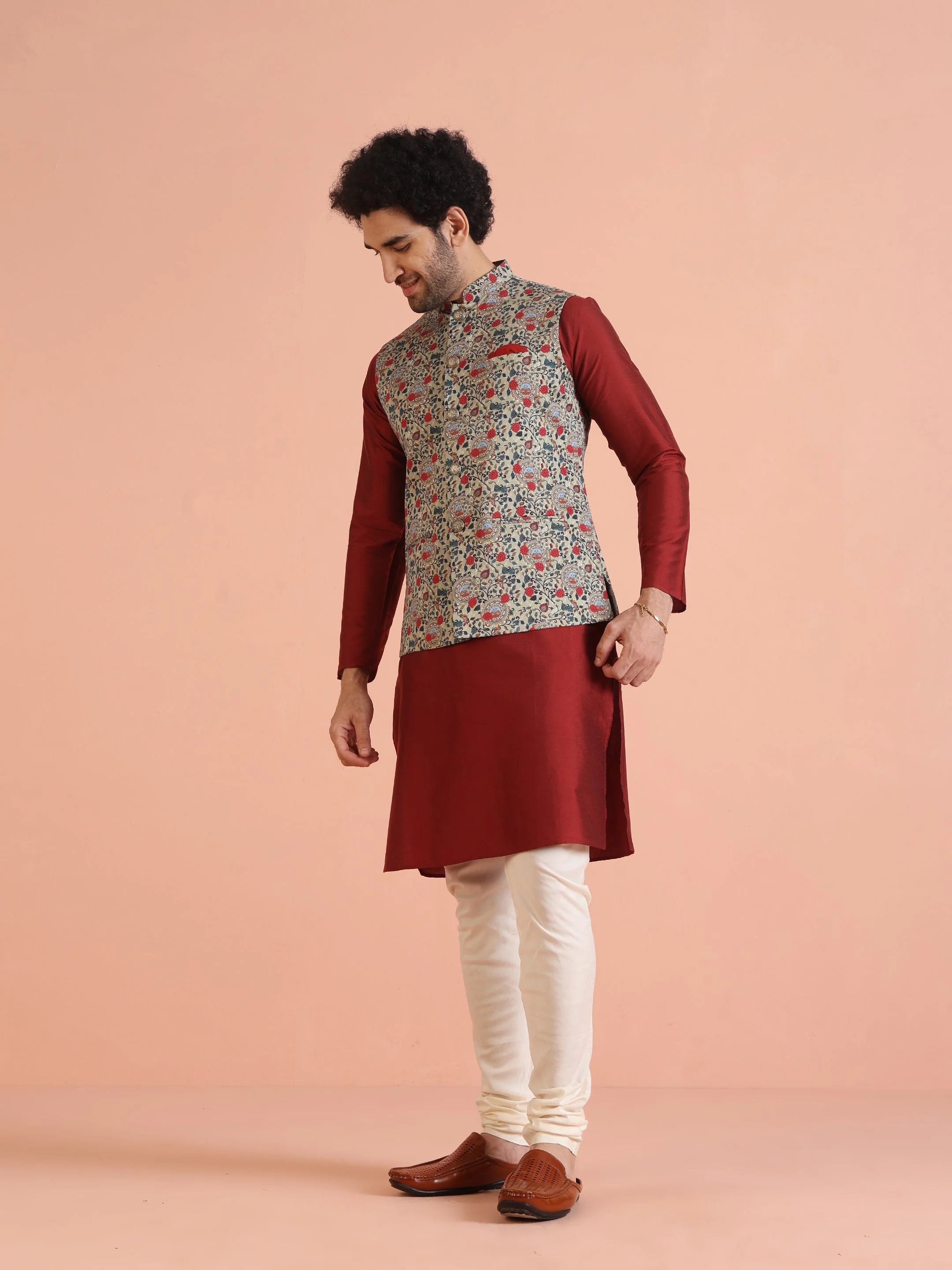 Men Olive Printed Nehru Jacket - Image 17