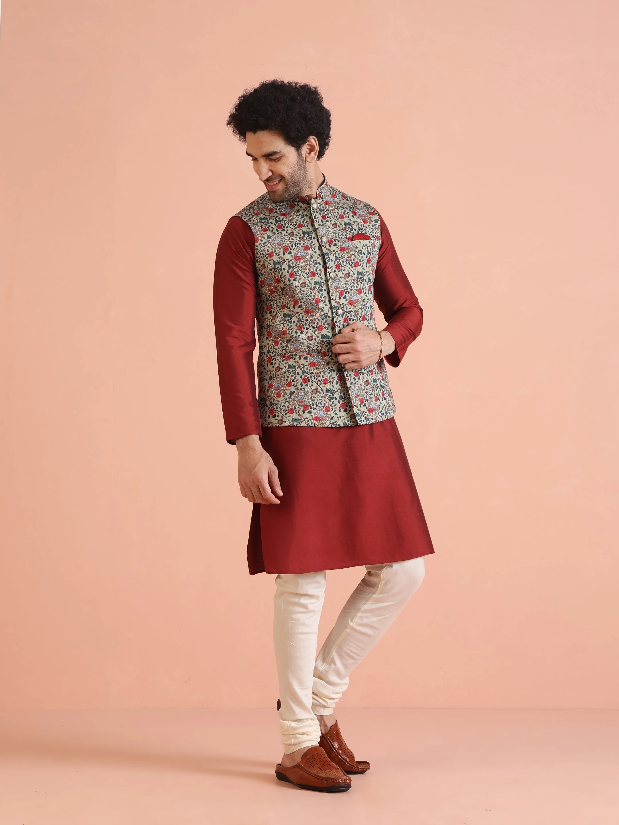 Men Olive Printed Nehru Jacket - Image 18