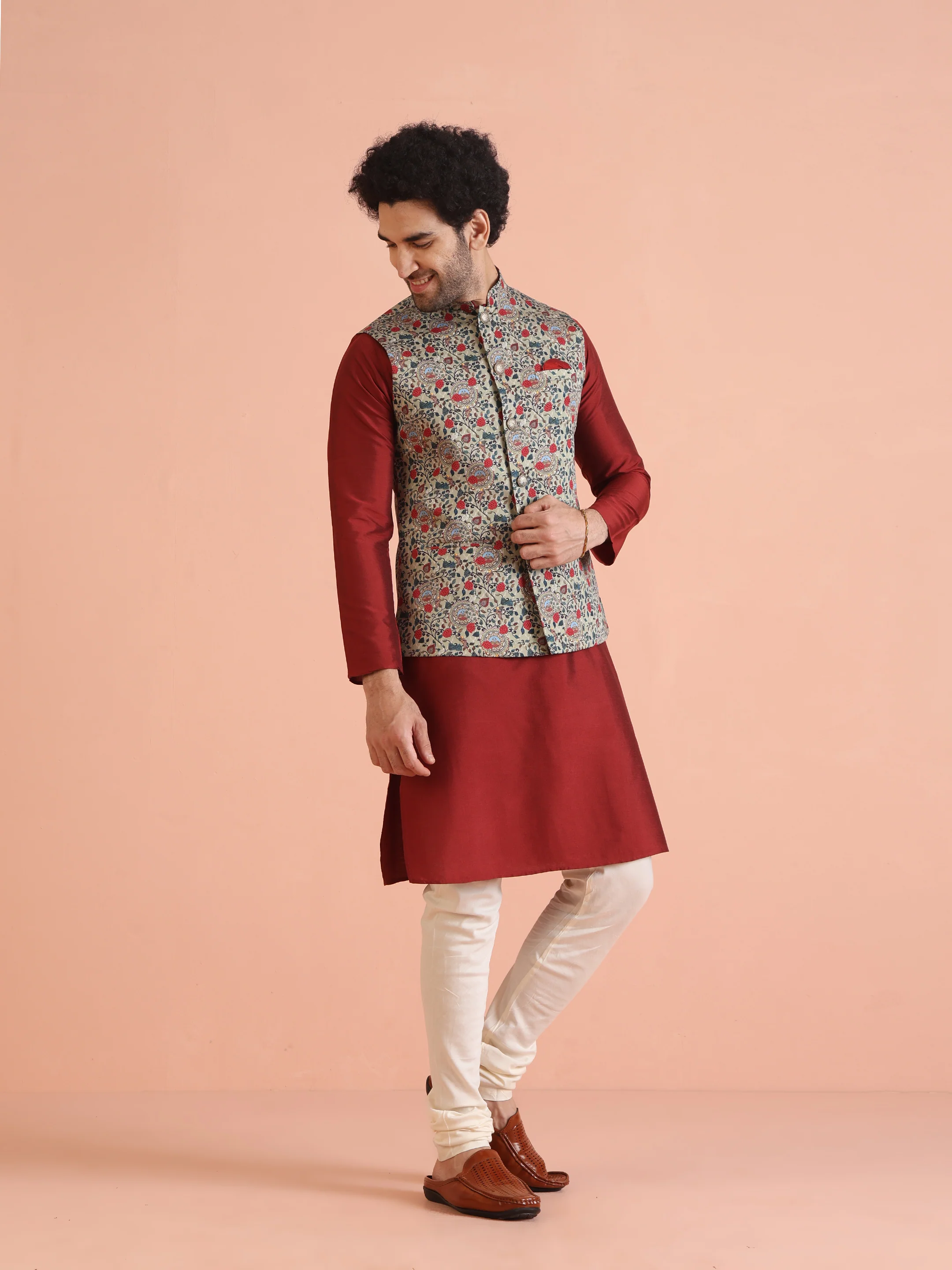 Men Olive Printed Nehru Jacket - Image 4