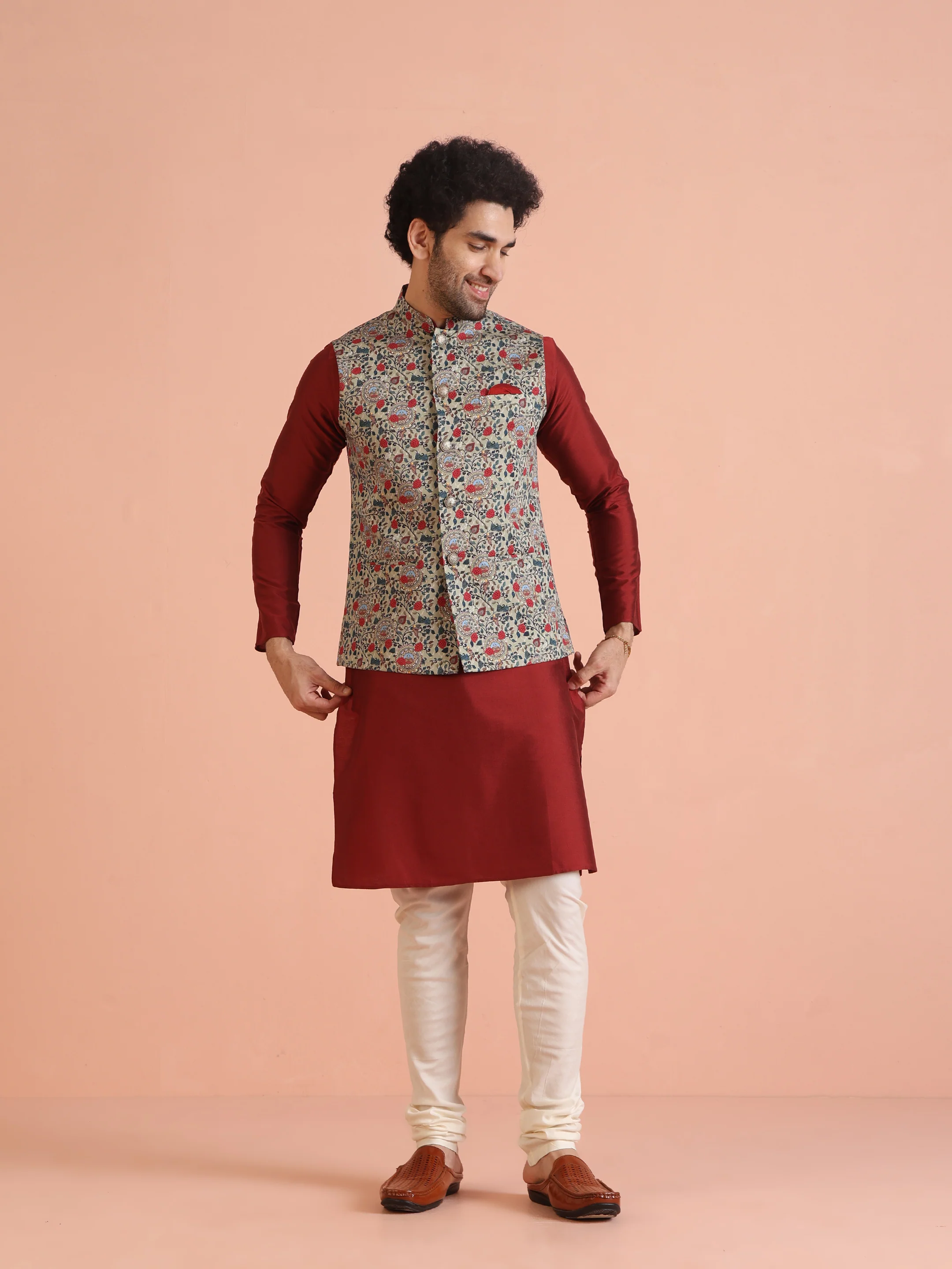 Men Olive Printed Nehru Jacket - Image 6