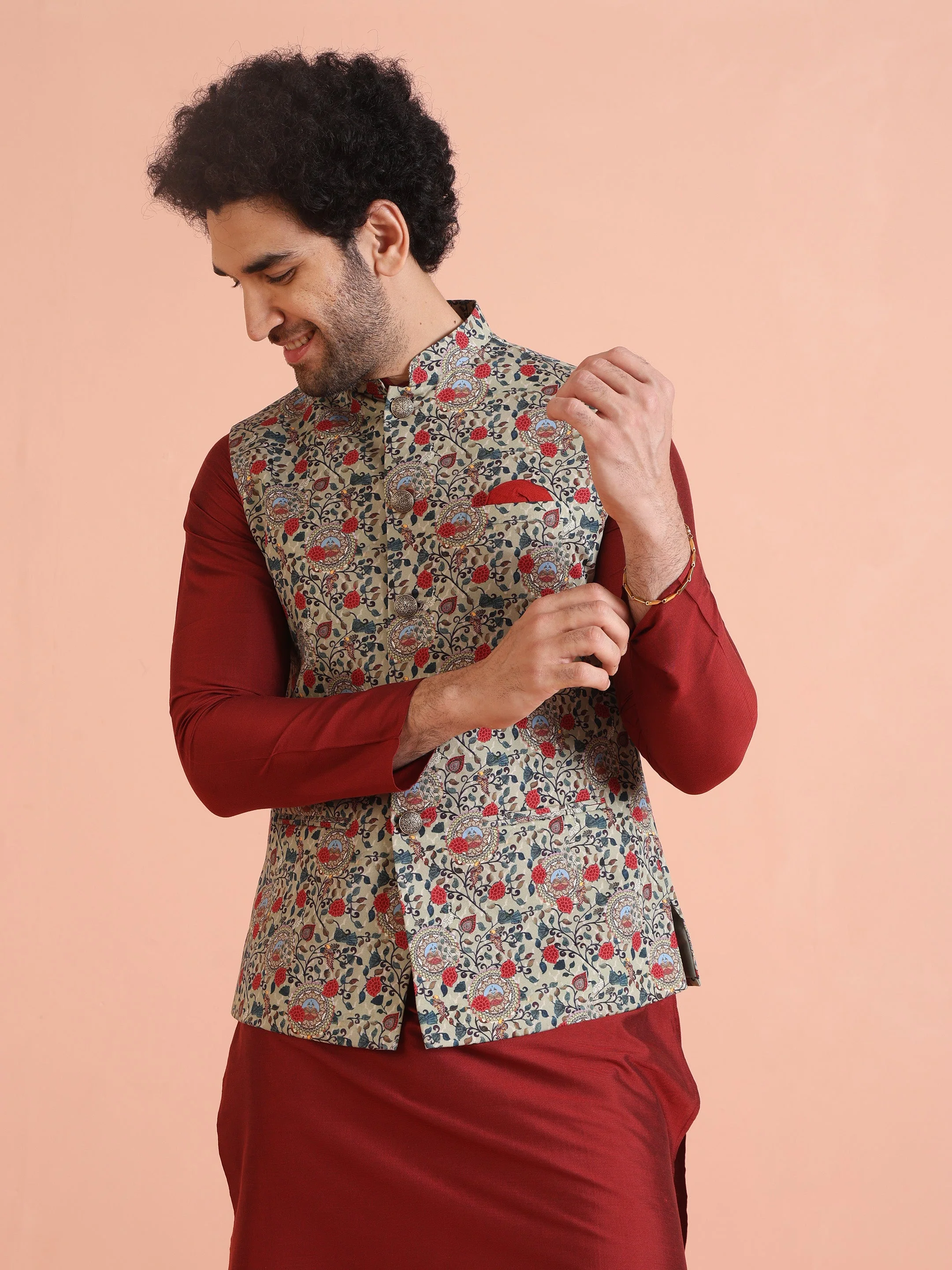 Men Olive Printed Nehru Jacket - Image 8