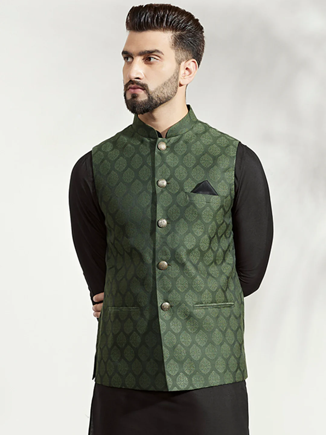 Green Silk Blend Textured Nehru Jacket