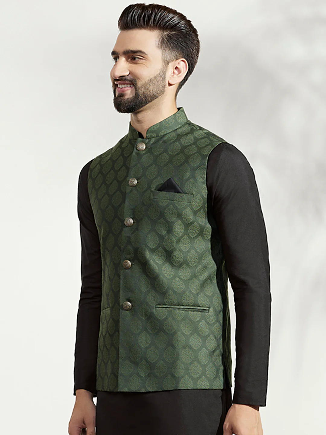 Green Silk Blend Textured Nehru Jacket - Image 3
