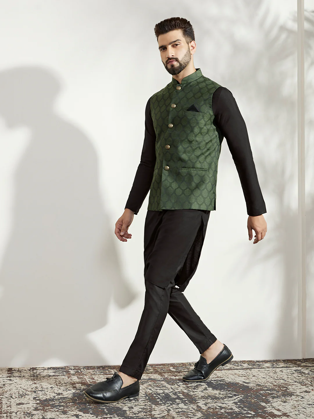 Green Silk Blend Textured Nehru Jacket - Image 6