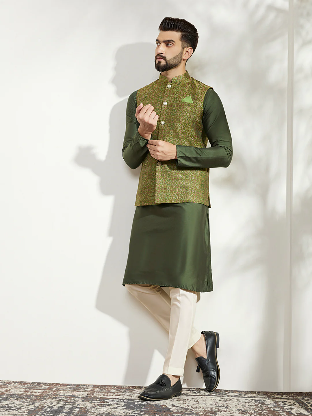 Green Silk Embroidered Nehru Jacket Bundi - Image 6
