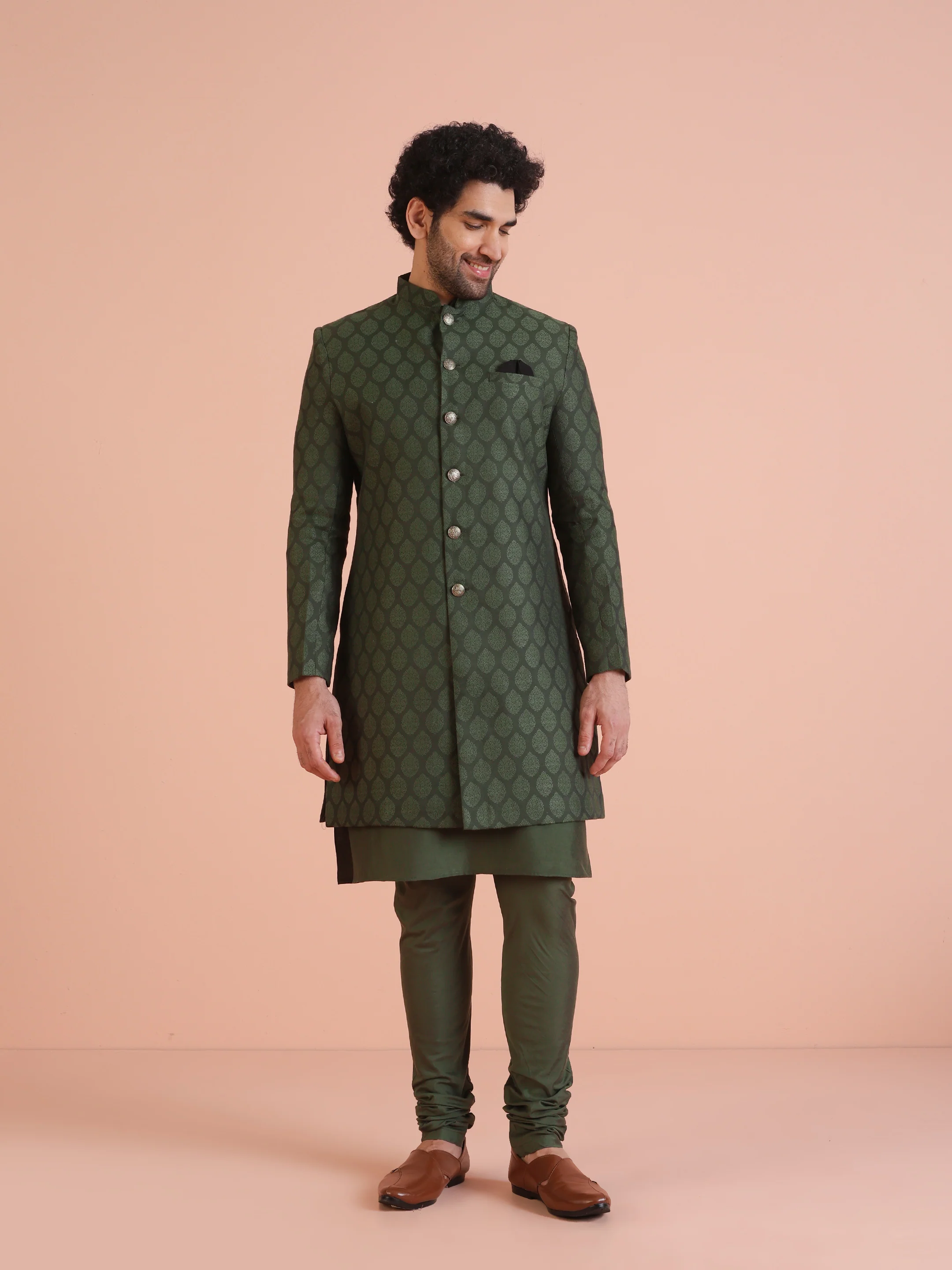 Green Cotton Silk Jacquard Sherwani Kurta Churidar Set