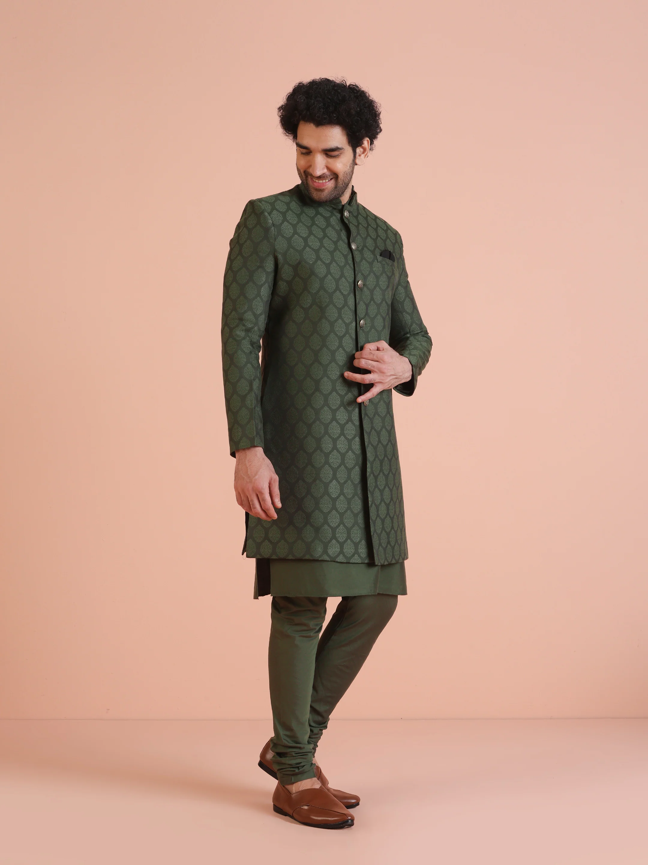 Green Cotton Silk Jacquard Sherwani Kurta Churidar Set - Image 2