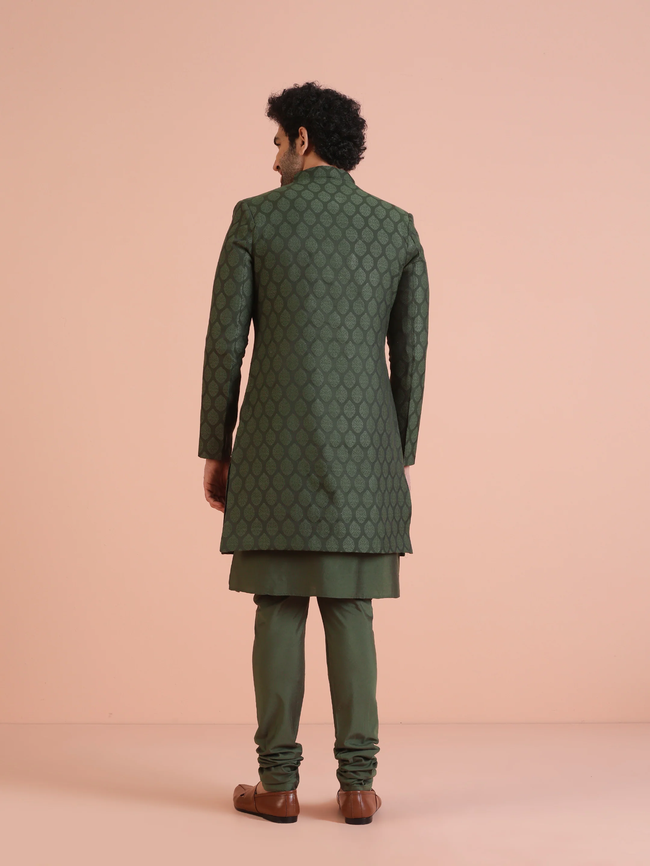 Green Cotton Silk Jacquard Sherwani Kurta Churidar Set - Image 4