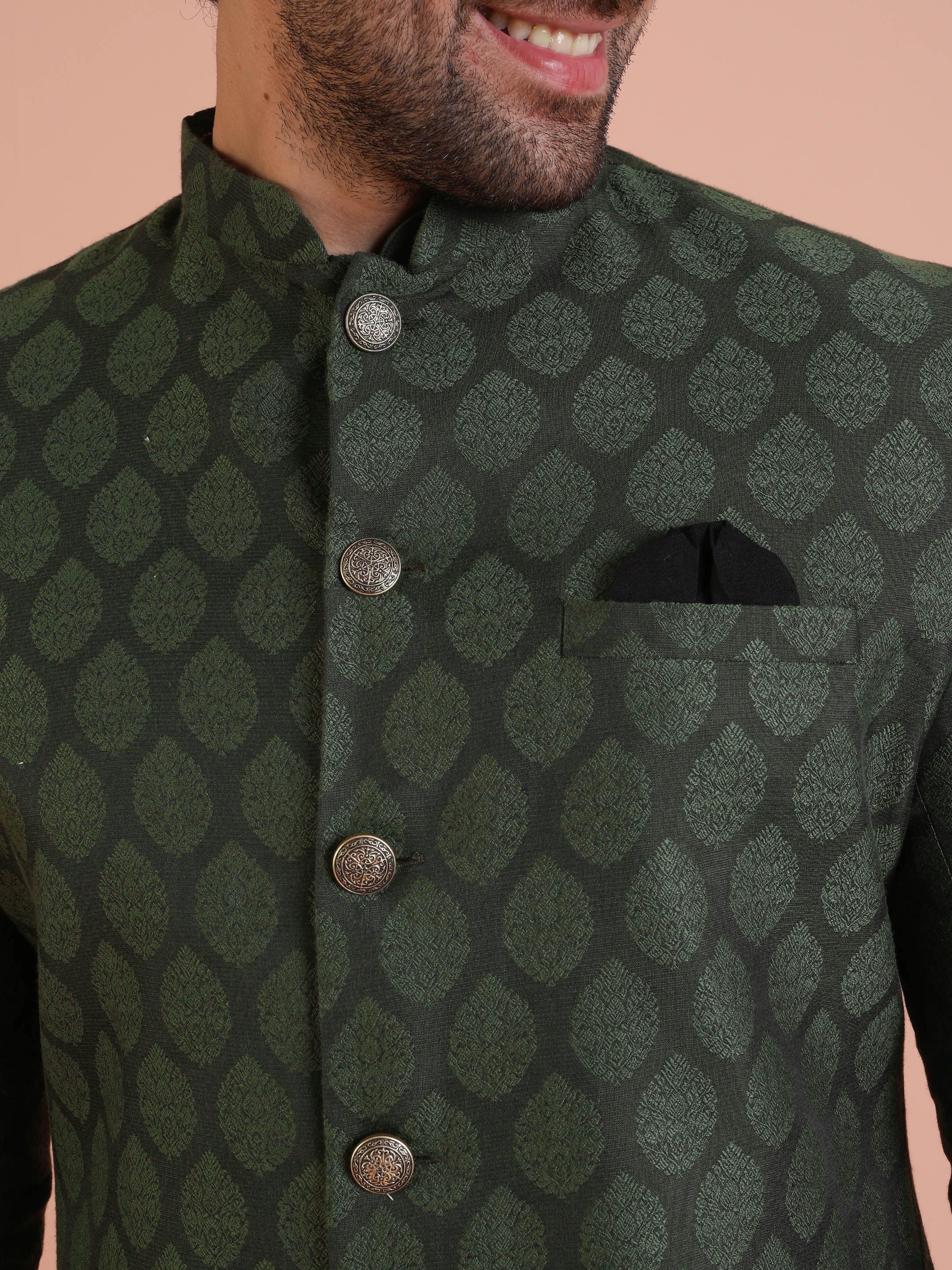 Green Cotton Silk Jacquard Sherwani Kurta Churidar Set - Image 5
