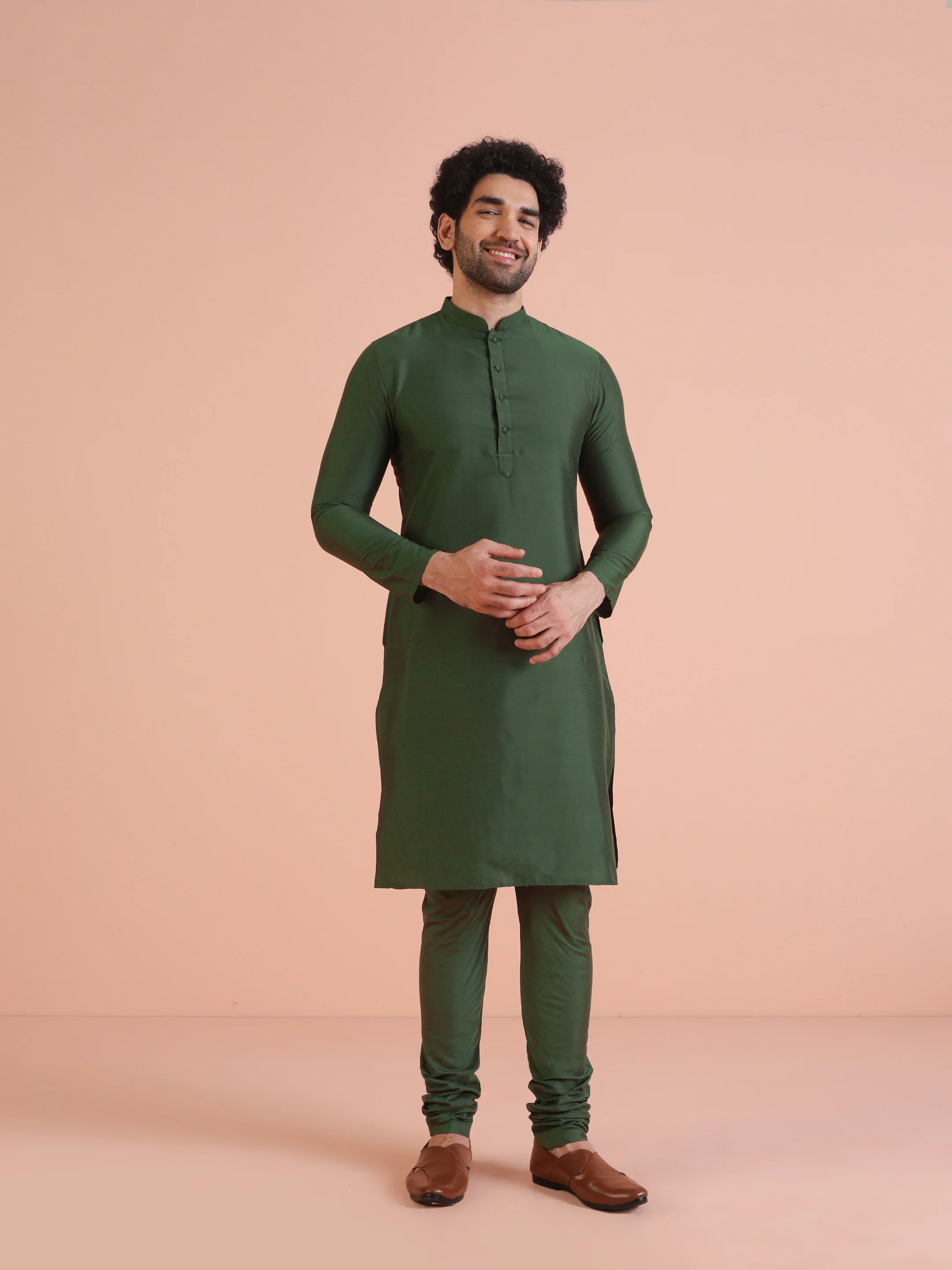 Green Cotton Silk Jacquard Sherwani Kurta Churidar Set - Image 7
